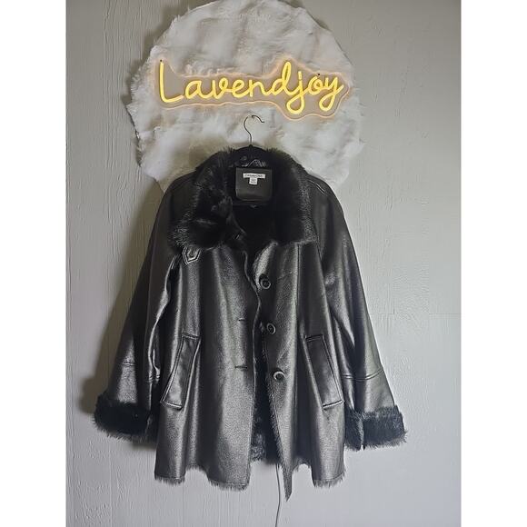 Coldwater Creek Faux Leather Coat Womens Metallic Silver A-Line Faux Fur Trim M - Picture 1 of 13